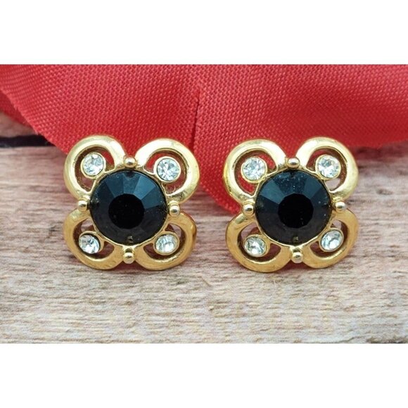 1928 Collection Gold Tone & Black Stud Earrings Small .5" Flower Crystal Accents - Picture 1 of 9